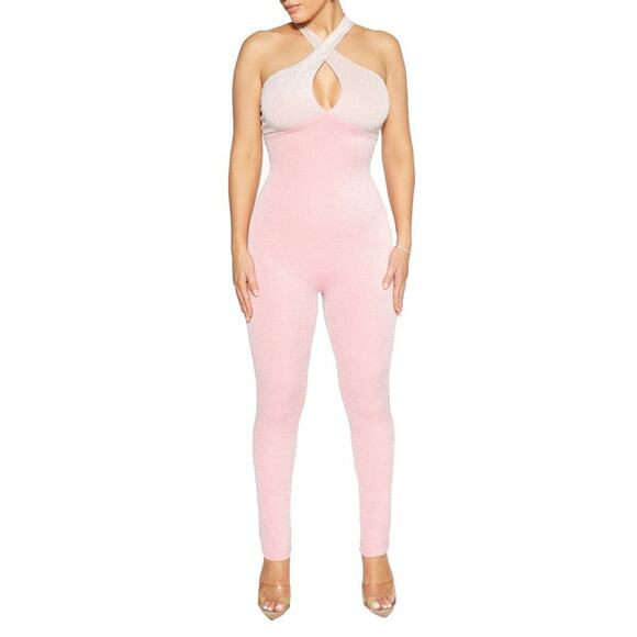 Naked Wardrobe NWOT Pink Crisscross Two-Tone Cutout Jumpsuit Size L - Picture 1 of 7